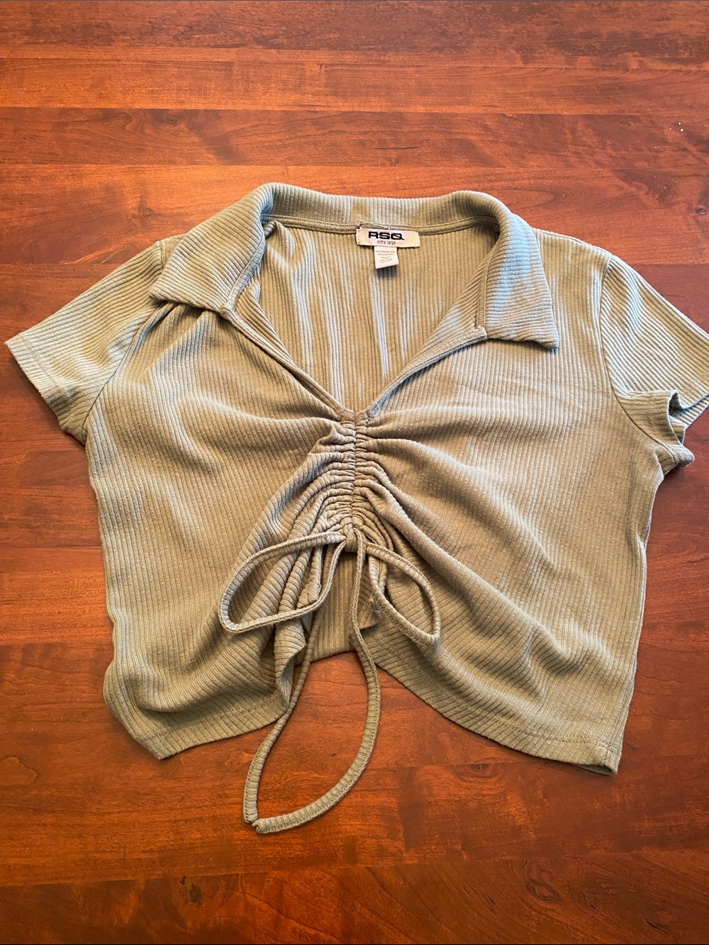 RSQ Olive Drawstring Ruched Collared Crop Top - small - Picture 2 of 4
